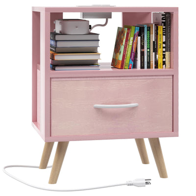 Aenuert Night Stand with Charging Station, Pink Kids Nightstand with Drawer, 2-Tier Nursery Bedside Table with USB Ports and Outlets, End Table for Small Space, Living Room, Bedroom