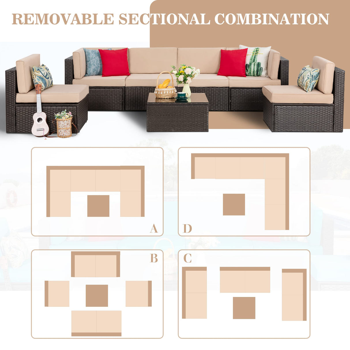 Vongrasig 7 PieceS Outdoor Patio Furniture Sets, Outdoor Sectional Rattan Sofa, PE Manual Weaving Wicker Patio Conversation Set with Cushion, Glass Table, Red Pillow (Beige) Vongrasig