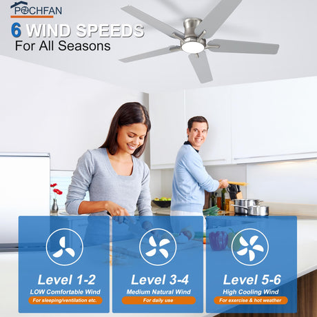 POCHFAN 52 Inch Ceiling Fans With Lights and Remote, Brushed Nickel Flush Mount Low Profile Ceiling Fan for Bedroom, Living Room, Patio, Dimmable 6 Speeds Noiseless Reversible POCHFAN