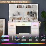 METOTI Vanity Desk with 38" Large Mirror and 9 LED Lights & Glass Top and Power Outlet, Adults Makeup Vanity with Chair and 7 Storage Drawers, Dressing Table Set for Bedroom, Modern White METOTI