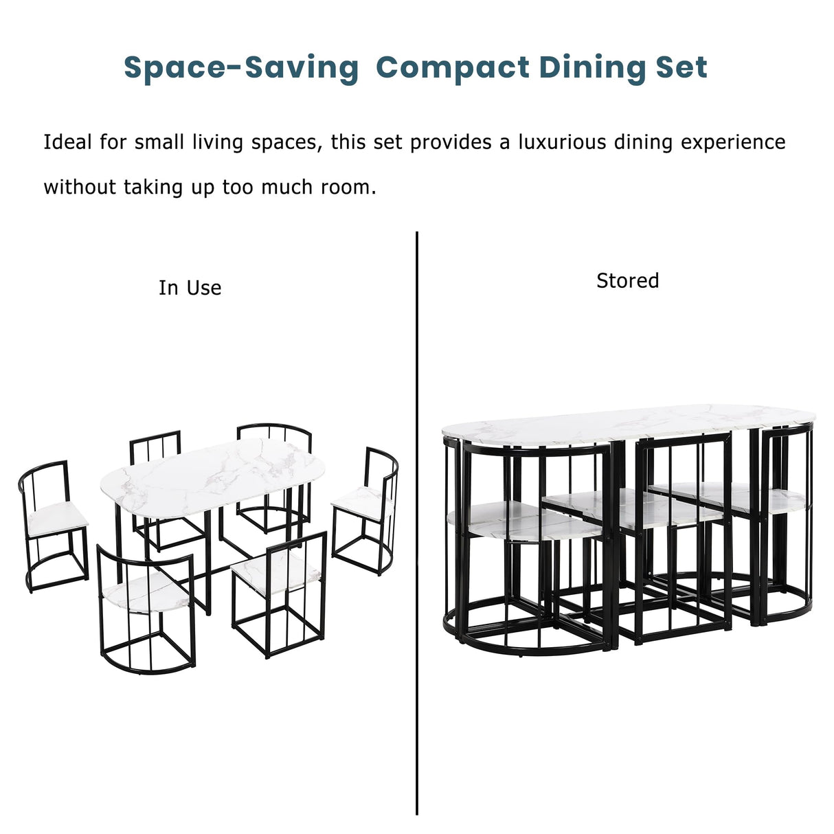 Merax 7 Piece Dining Table Set with Chairs for Saving Space Metal Kitchen Dining Room Table Set for 6 Persons, Black White Merax