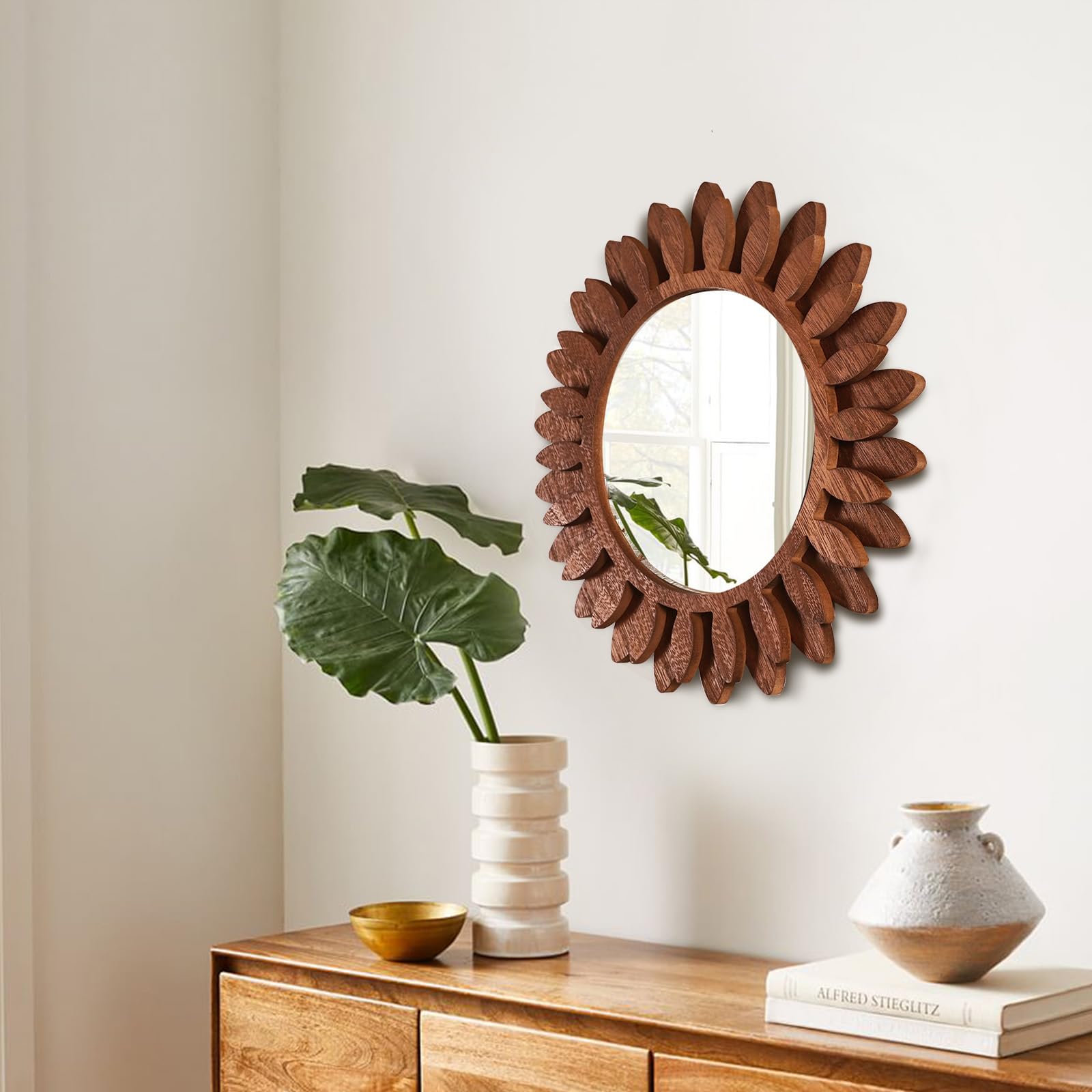 ABSWHLM Wall Mirror 12" Wood Farmhouse Sunburst Hanging Mirror Wall Decor for Bedroom Living Room Entryway (Black Walnut) - WoodArtSupply