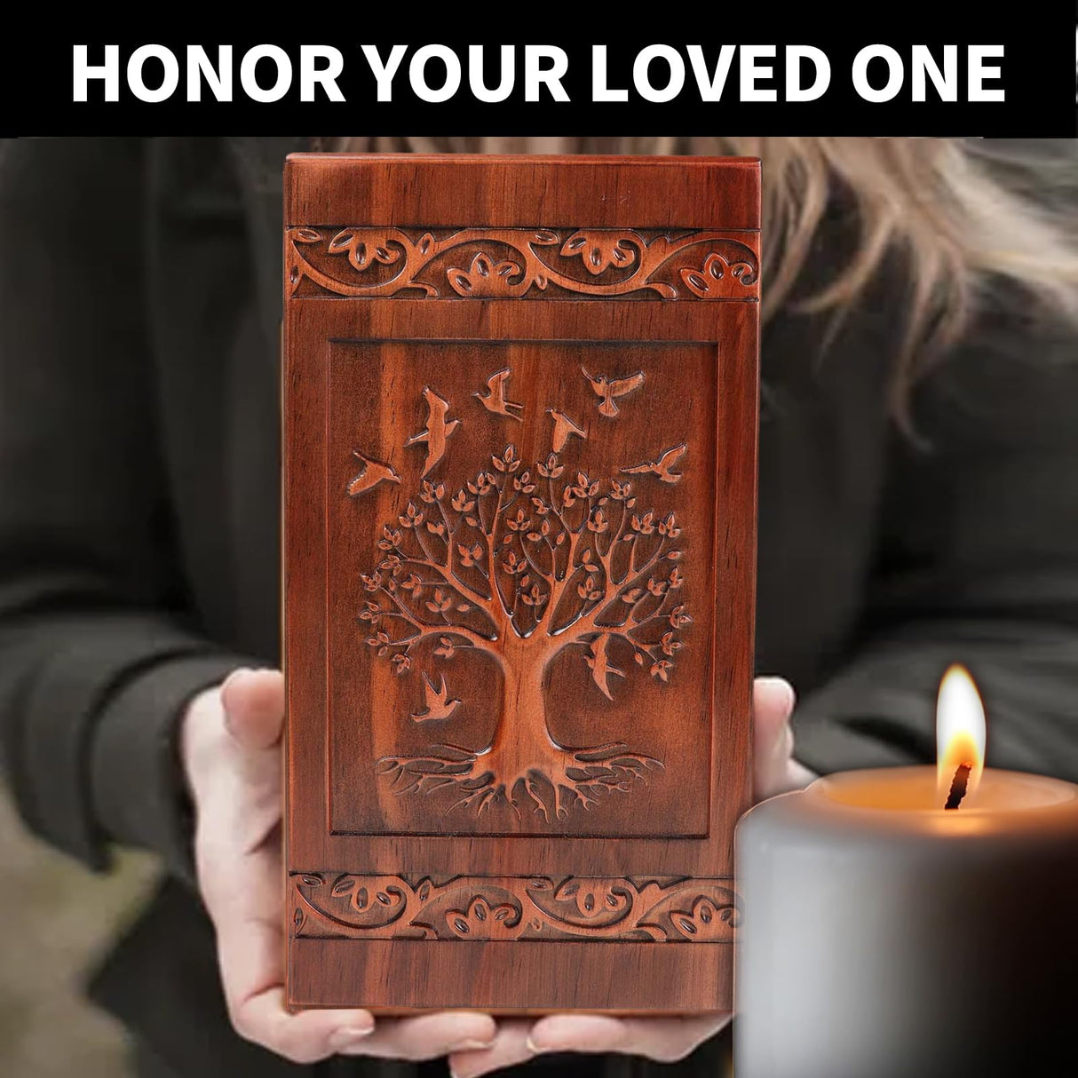 NowDoWin Urn for Ashes Adult Male Female,Cremation Urns for Men Women,Wooden Urns for Human Ashes Adult,Handcrafted Solid Wood Urn with Bag,TSA Approved Urn (Tree of Life, 300LBS Capacity) Nowdowin