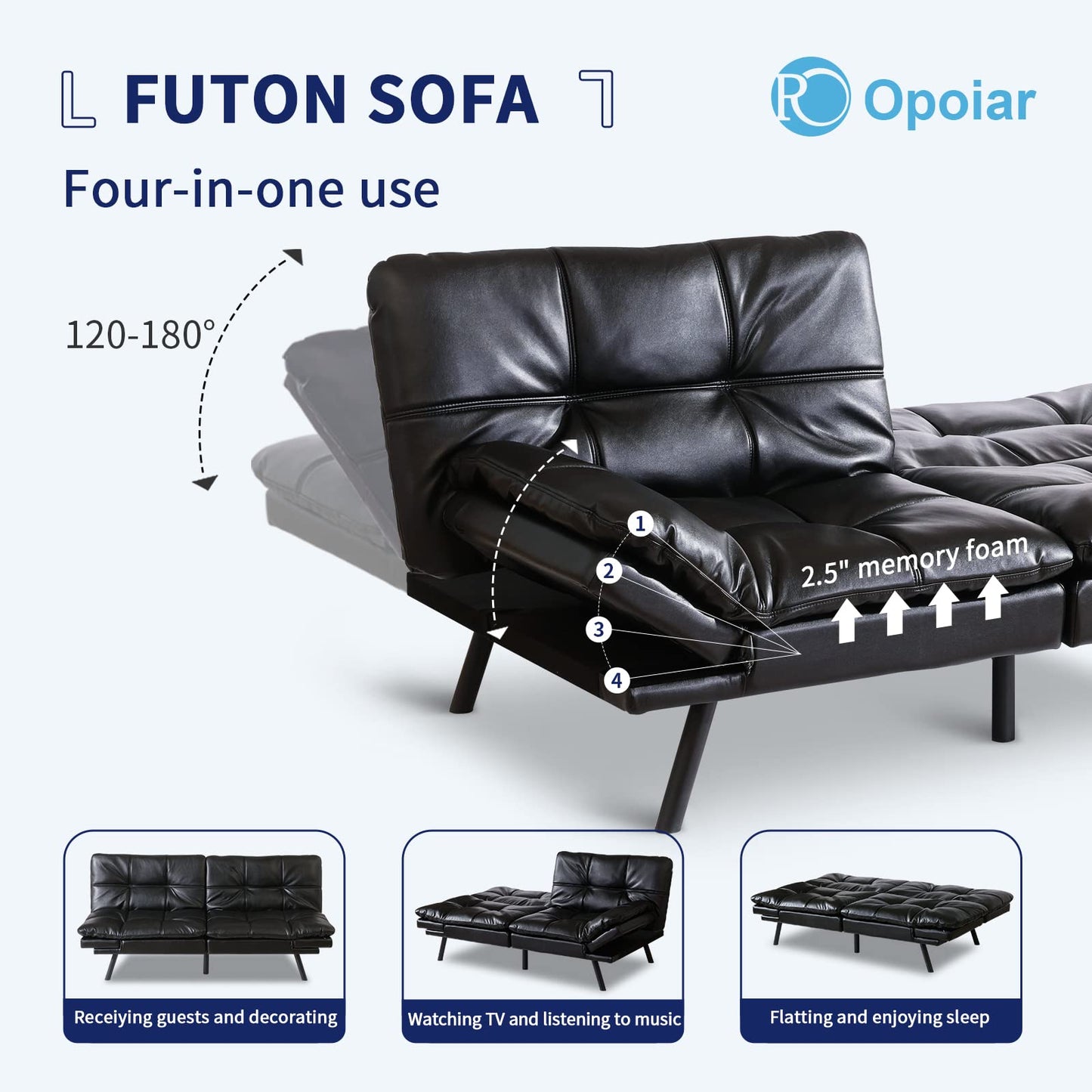 Opoiar SF-BK726 Sofabed, 71 x 33 x 31.5 inches, Black Leather