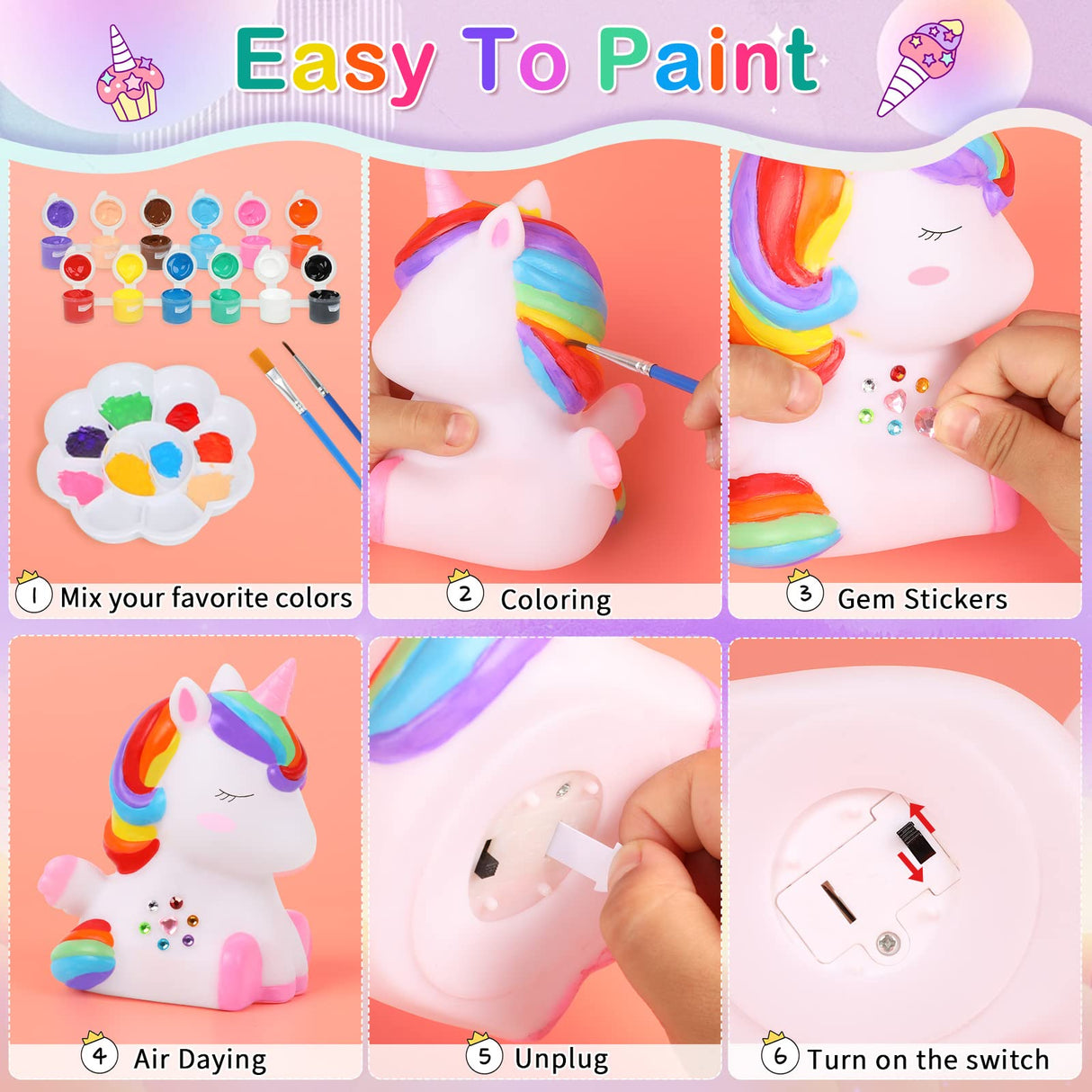 dededa Paint Your Own Unicorn Night Light Art Kit, Arts and Crafts for Kids Ages 4-8,Unicorns Gifts for Girls Painting Kit Unicorn Toys for Kids 4 5 6 7 8 9 10 11 12+ (1Pc) dededa
