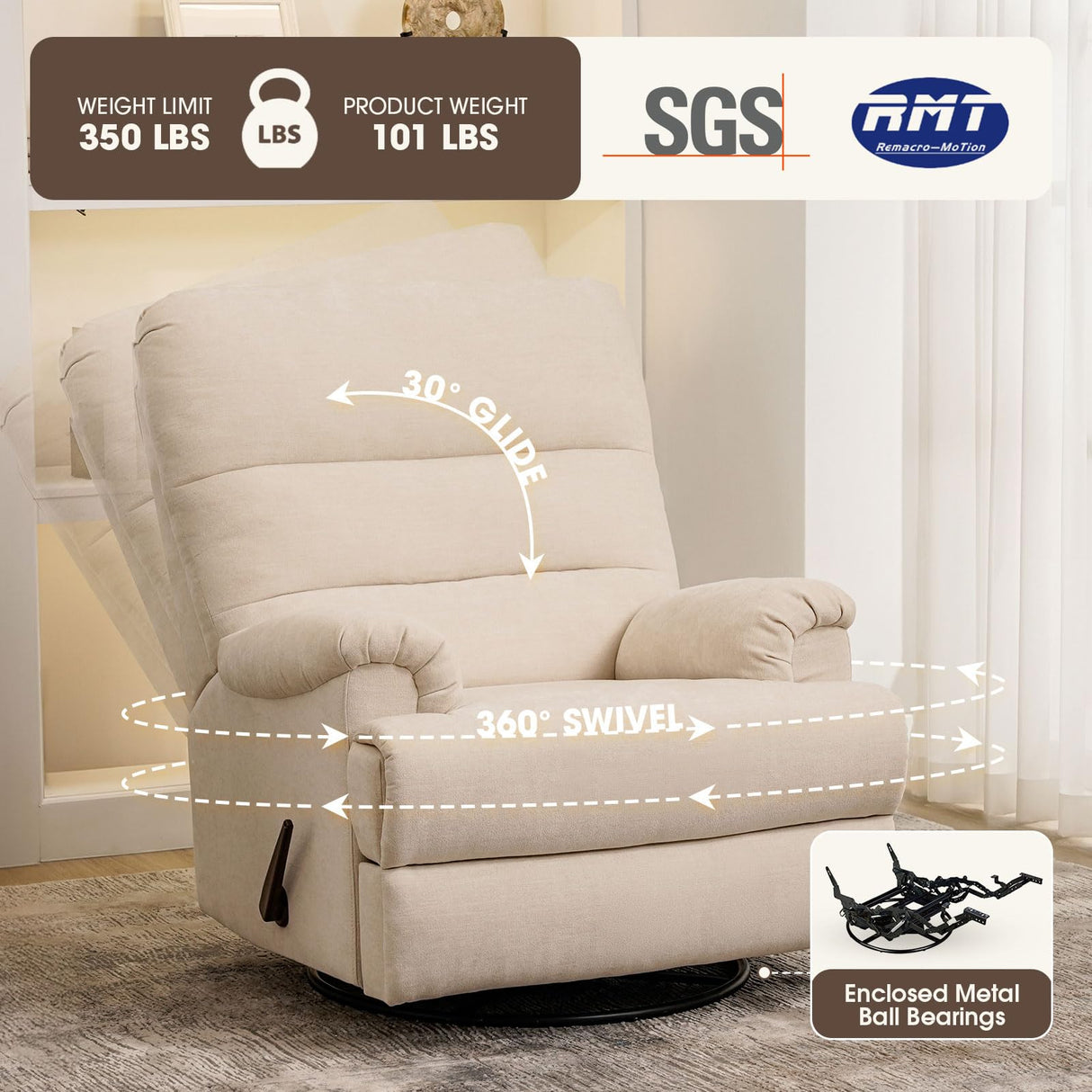 Divanus Large Glider Rocker Recliner,Beige Swivel Rocking Recliner Chair,Reclining Sofa Rocking Chair Nursery,23 Inches Deep Seat & 27 inches High Back,for Living Room, Bed Room‎ (Beige) Divanus