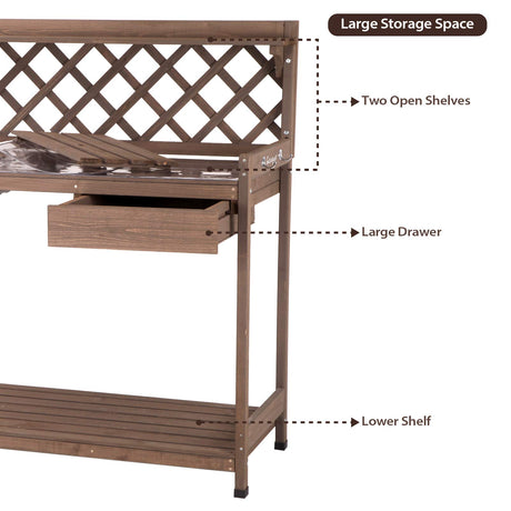 GUTINNEEN Potting Bench Garden Table for Plants Outside Outdoor Wooden Garden Work Bench with Sink Storage PVC Layer Drawer Shelf Hook for Gardening GUTINNEEN