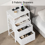 Yetom Nightstand with Charging Station Set of 2, LED Night Stand with3 Fabric Drawers, Side Table with Open Shelf, End Table with Steel Frame, 3 Drawer Dresser for Bedroom, White YeTom