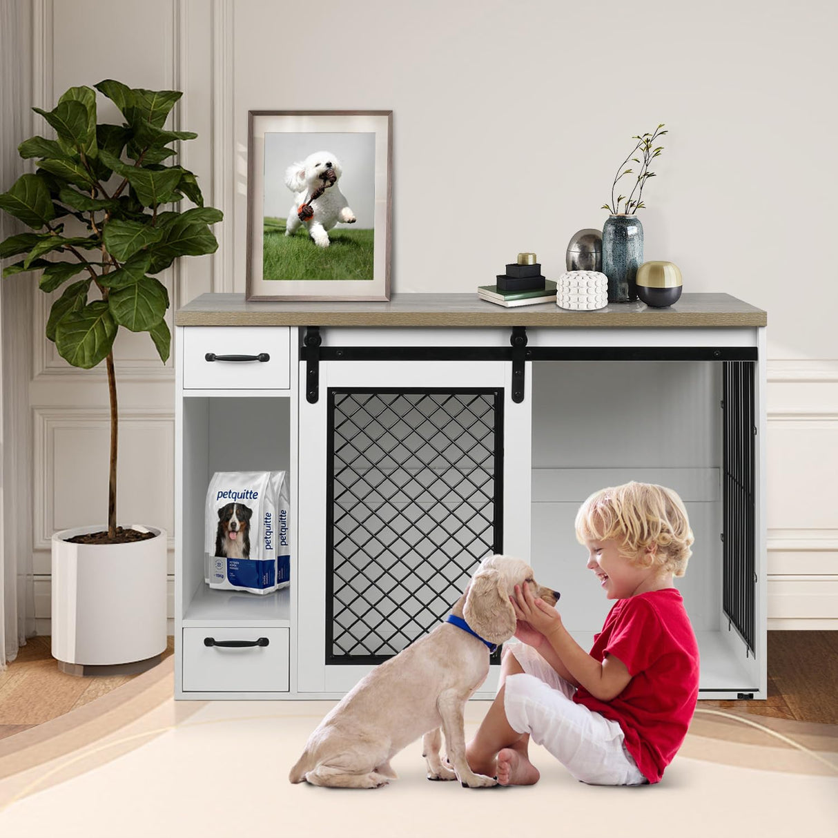 Large Dog Crate, Dog Crates for Medium Dogs, 47.2" Dog Kennel Indoor with Drawers, Feeder Bowls and Storage, 2 Sliding Doors, Heavy Duty Dog Crate Farmhouse Modern Side End Table for Small Medium Dogs okcomuy