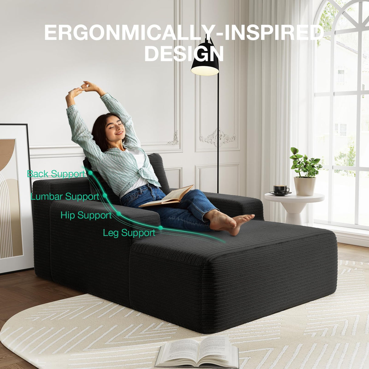 Novilla Oversized Chaise Lounge Indoor, Corduroy Cloud Couch Boneless Chaise Lounge Chair Indoor Deep Seat Reading Chair, 66‘’L x 46‘’W Boneless Couches for Living Room, No Assembly Required, Black Novilla