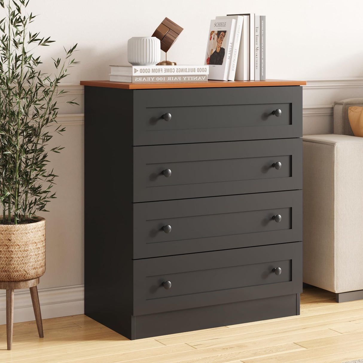Furnify 4 Drawer Dresser, Black Dresser Modern Storage Chest of Drawers, Farmhouse Storage Cabinet Organizer with 4 Drawers for Living Room, Entryway, Hallway, Black Furnify