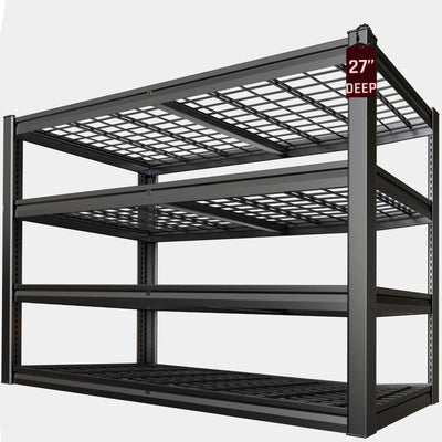 SKZNSA 62" Wide Heavy Duty Garage Shelving Units, 4-Tier Deep Storage Shelves,Black Metal Garage Shelves,Steel Shelf,Large Storage Rack,Industrial Shelving for Shop, 62" W x 27" D x 62" H