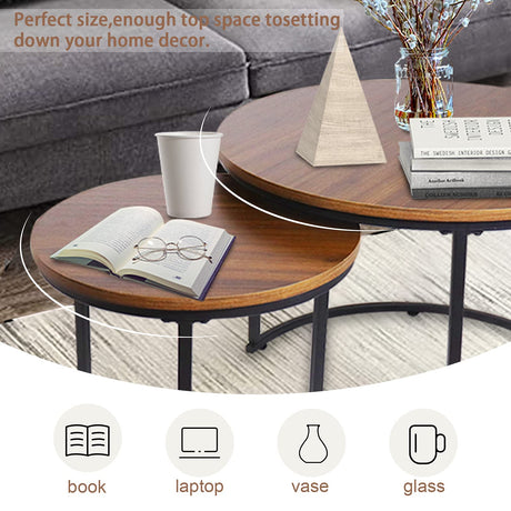 aboxoo Coffee Table Nesting Side Round Set of 2 End Table Top Sturdy Metal Frame Desk Centerpiece Living Room Bedroom Apartment Modern Industrial Simple Nightstand aboxoo
