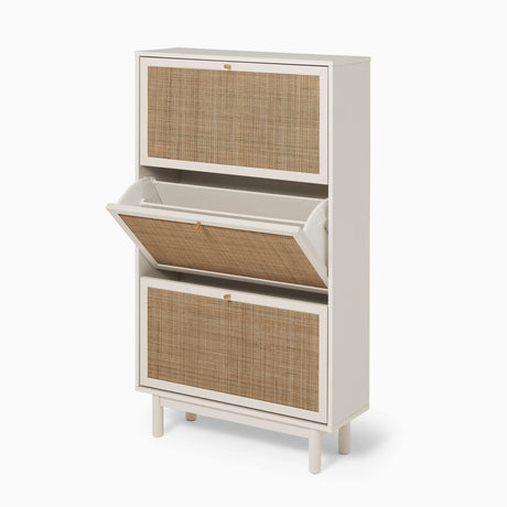 mopio Hannah Shoe Cabinet, Natural Rattan Farmhouse Shoe Organizer, Shoe Storage, Closet Shoe Rack for Entryway, with Spacious Storage Cabinet, Shelves, Sturdy Solid Wood Legs (Whitewash) mopio