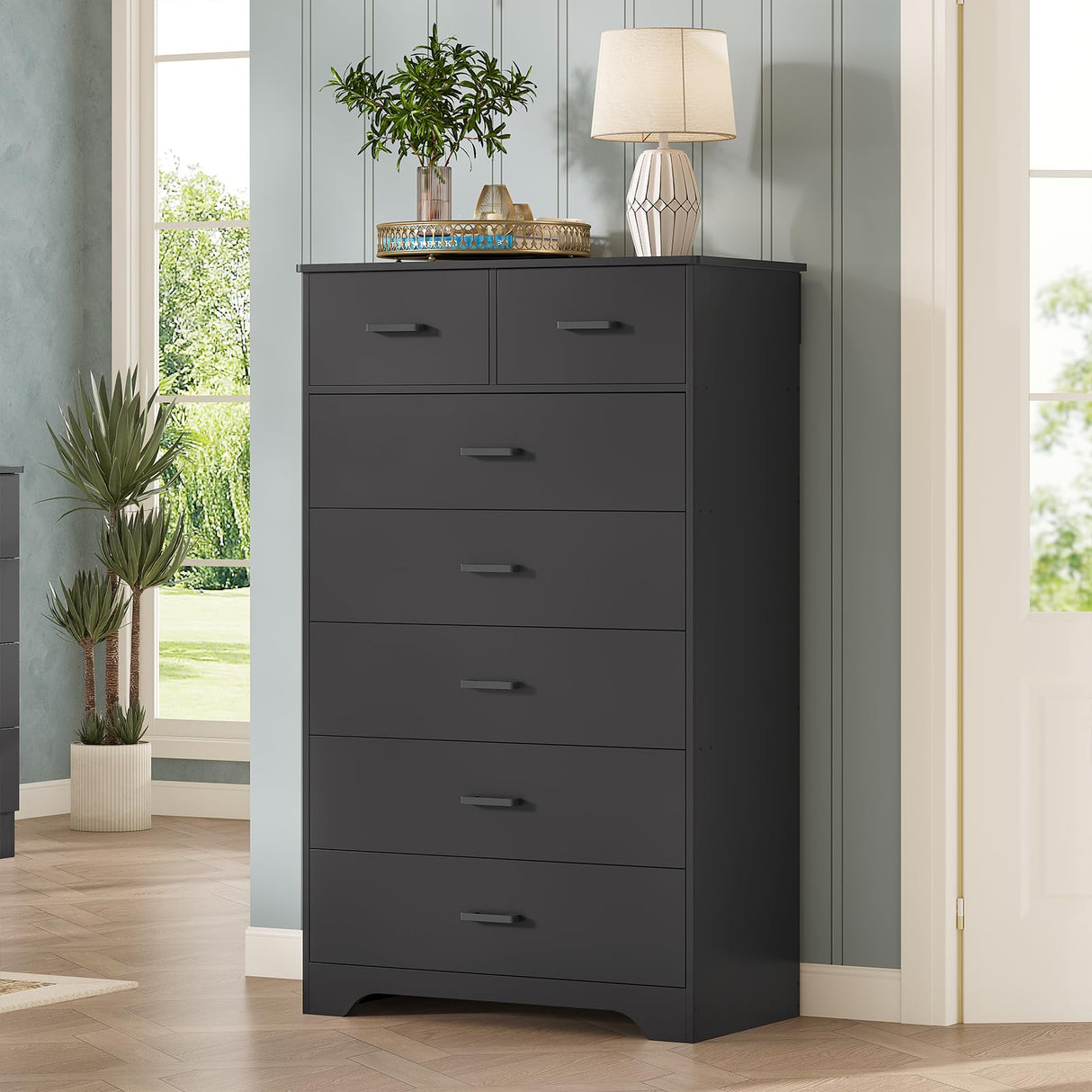 DICTAC Black Dresser for Bedroom with 7 Drawers, 55.7" Tall Dresser Chest of Drawers, Modern Large Wood Storage Dresser Organizer with Metal Handle, Vertical Dresser for Bedroom, Living Room, Nursery DICTAC
