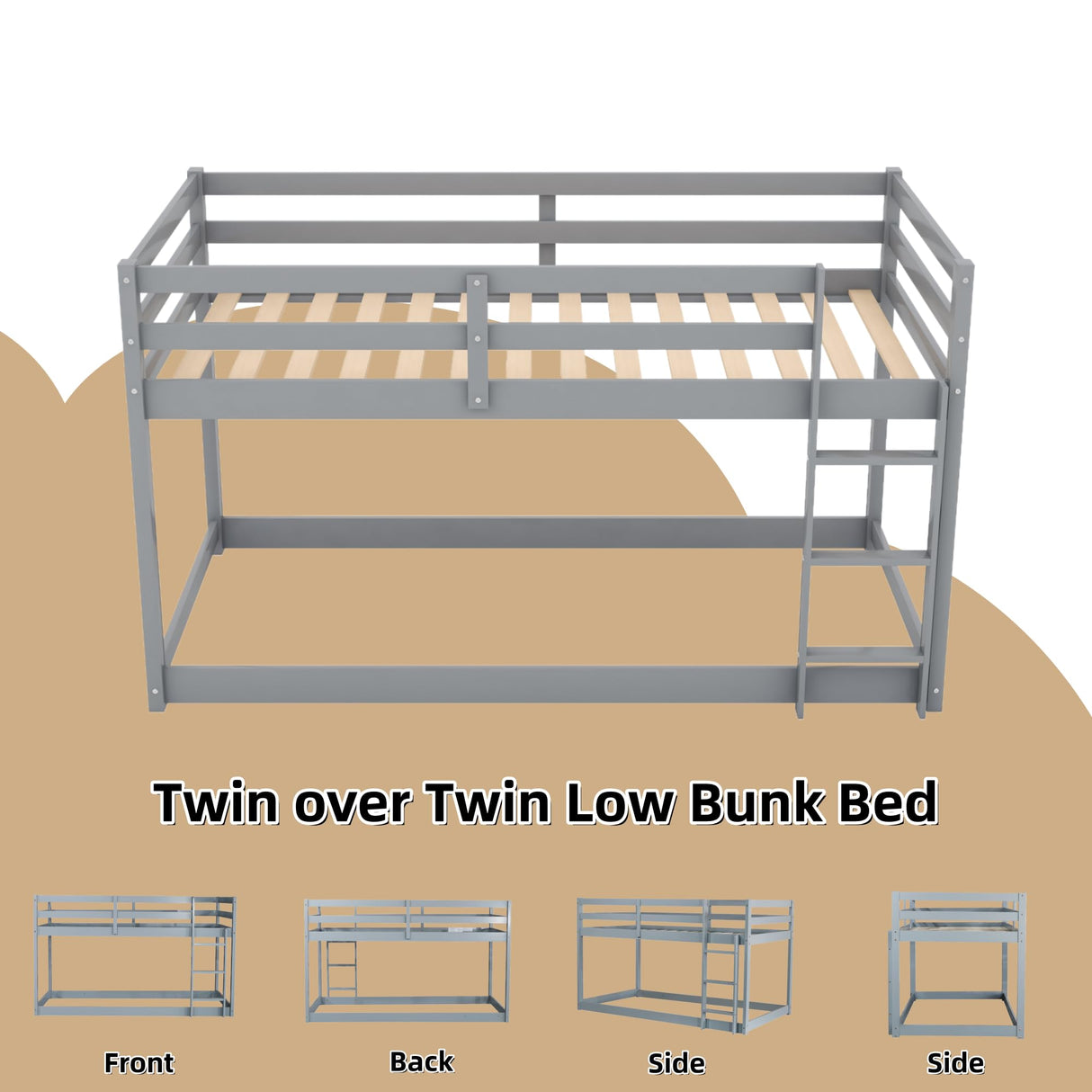 ZJIAH Low Bunk Bed Twin Over Twin, Solid Wood Floor Bunk Bed Frame with Ladder & Safety Guardrails, Twin Bunk Beds for Kids Boys and Girls, Saving Space, No Box Spring Needed, Gray ZJIAH