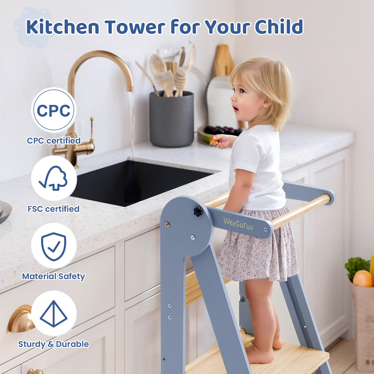 WeeGuruu Foldable Kitchen Tower, Height Adjustable Standing Tower for Toddlers Learning New Skills, Wooden Kids Kitchen Stool Helper with Safety Rails- Ages 18 Months to 6 Years WeeGuruu
