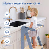 WeeGuruu Foldable Kitchen Tower, Height Adjustable Standing Tower for Toddlers Learning New Skills, Wooden Kids Kitchen Stool Helper with Safety Rails- Ages 18 Months to 6 Years WeeGuruu