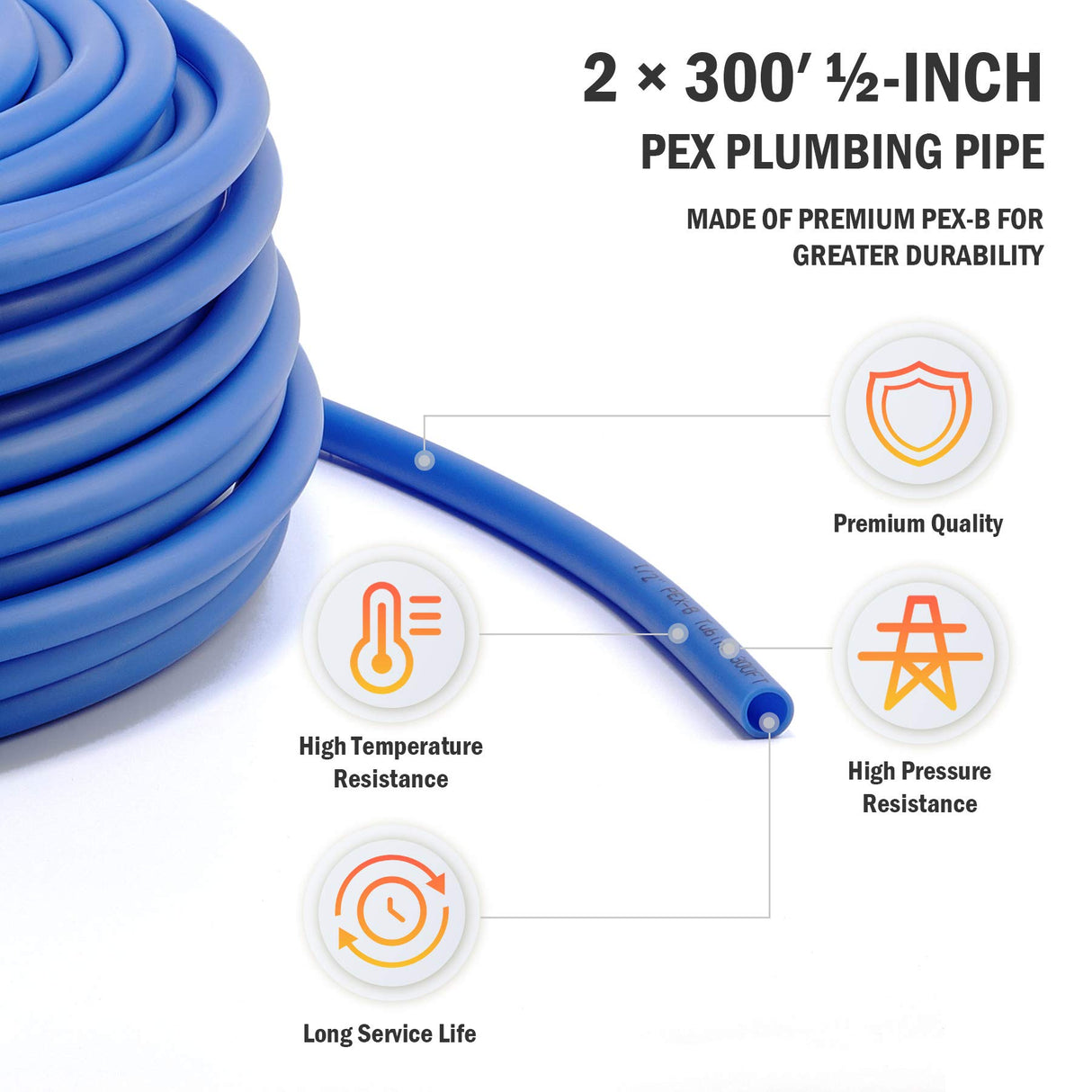 ZELCAN PEX Water Pipe PEX Tubing 1/2 Inch, 2 Rolls of 300ft PEX-B Coil Hose, Non Oxygen Barrier PEX Water Tubes for Water Line & RV Sewer Hose, PEX Radiant Heat Tubing(Red+Blue) ZELCAN