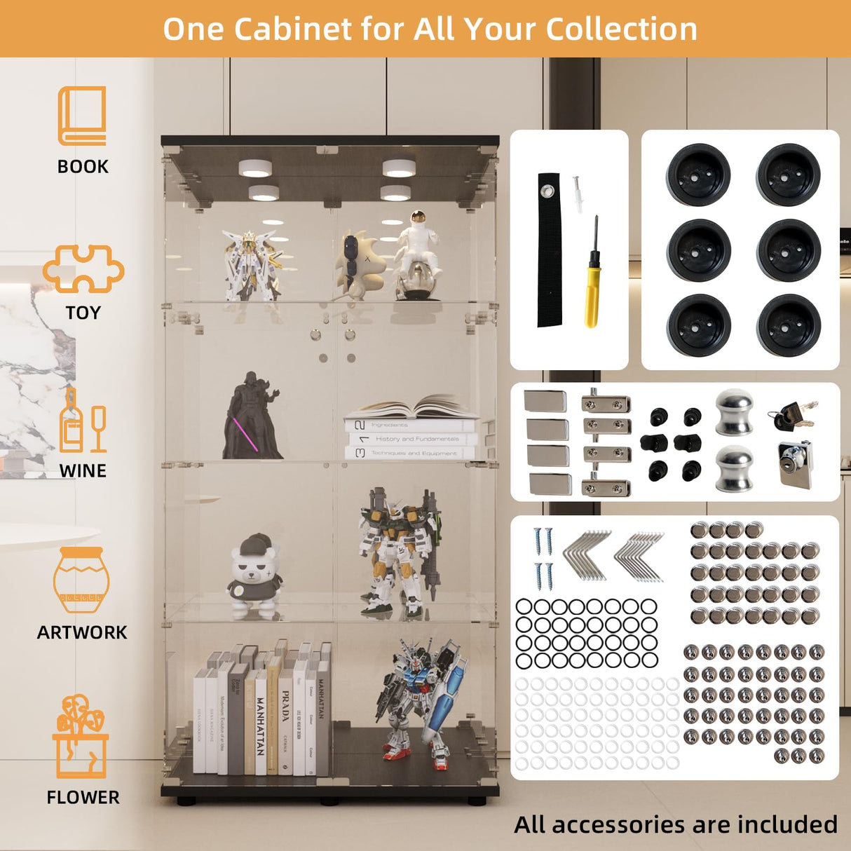 LFT HUIMEI2Y Glass Display Cabinet 4-Shelf with Light,Mirror and Lock, 2 Door Curio Cabinets, 5mm Tempered Glass Floor Standing Bookshelf for Bedroom, Living Room, Black LFT HUIMEI2Y