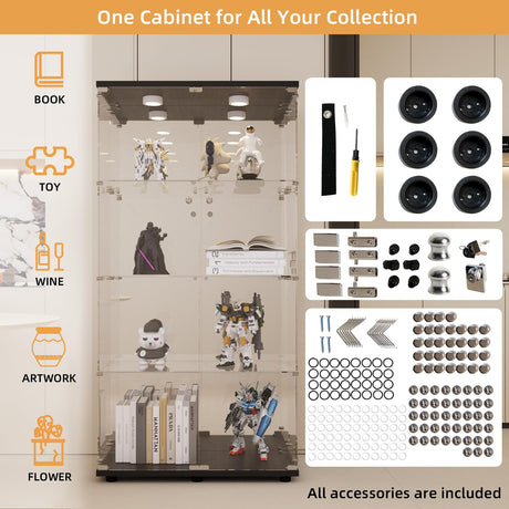 LFT HUIMEI2Y Glass Display Cabinet 4-Shelf with Light,Mirror and Lock, 2 Door Curio Cabinets, 5mm Tempered Glass Floor Standing Bookshelf for Bedroom, Living Room, Black LFT HUIMEI2Y