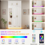 Hlivelood Large Armoire Wardrobe Closet Cabinet with Drawers and LED Lights, Multi-Tier Shelves, Hanging Rod, Large Capacity Storage 3 Door Wardrobe Armoire with Top Cabinet for Bedroom, White Hlivelood
