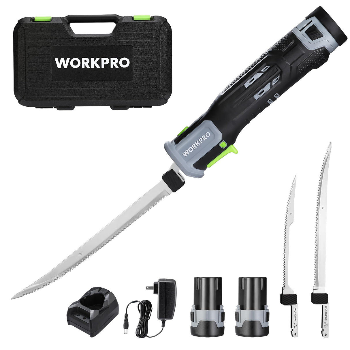 WORKPRO 12V Cordless Electric Fillet Knife with 8'' and 10'' Razor-Sharp Blades, Cordless Fillet Knife with Non-slip Grip Handle and Safety Lock, 2 Rechargeable Battery Packs, 1 Quick Battery Charger, and 1 Storage Carry Case for Fishing, Filleting, Outdo WORKPRO