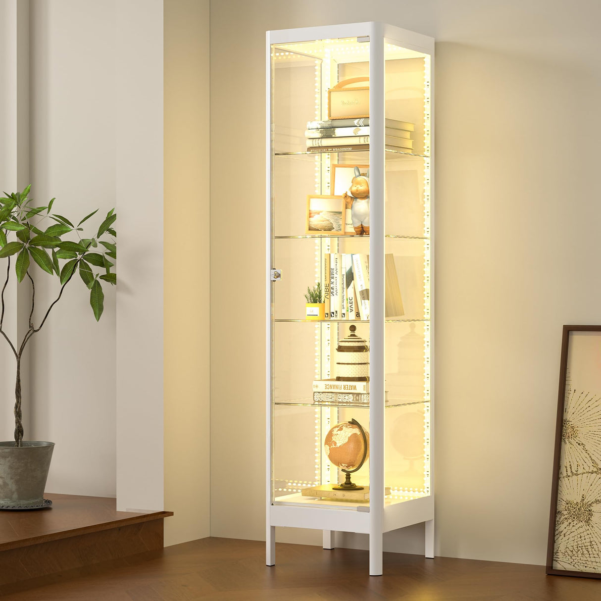 Desirable Life 5-Tier Glass Display Cabinet with 13 Color LED Lights & Lock, 63" Curio Cabinet with Glass Doors & Adjustable Shelves, Lighted Display Case for Collectibles Figures Trophy - White Desirable Life