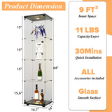 lunhung Glass Display Cabinet 4-Shelf with LED Lights and Lock,Curio Cabinets Upgraded Quick-Install Storage Cabinet,Glass Floor Standing Bookshelf for Bedroom,Living Room(Black) lunhung