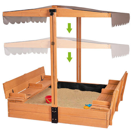 Kids Wooden Outdoor Sandbox w/Canopy, 2 Foldable Bench Seats, Retractable Roof Sand Protection Liner 47x47-Inch GUTINNEEN