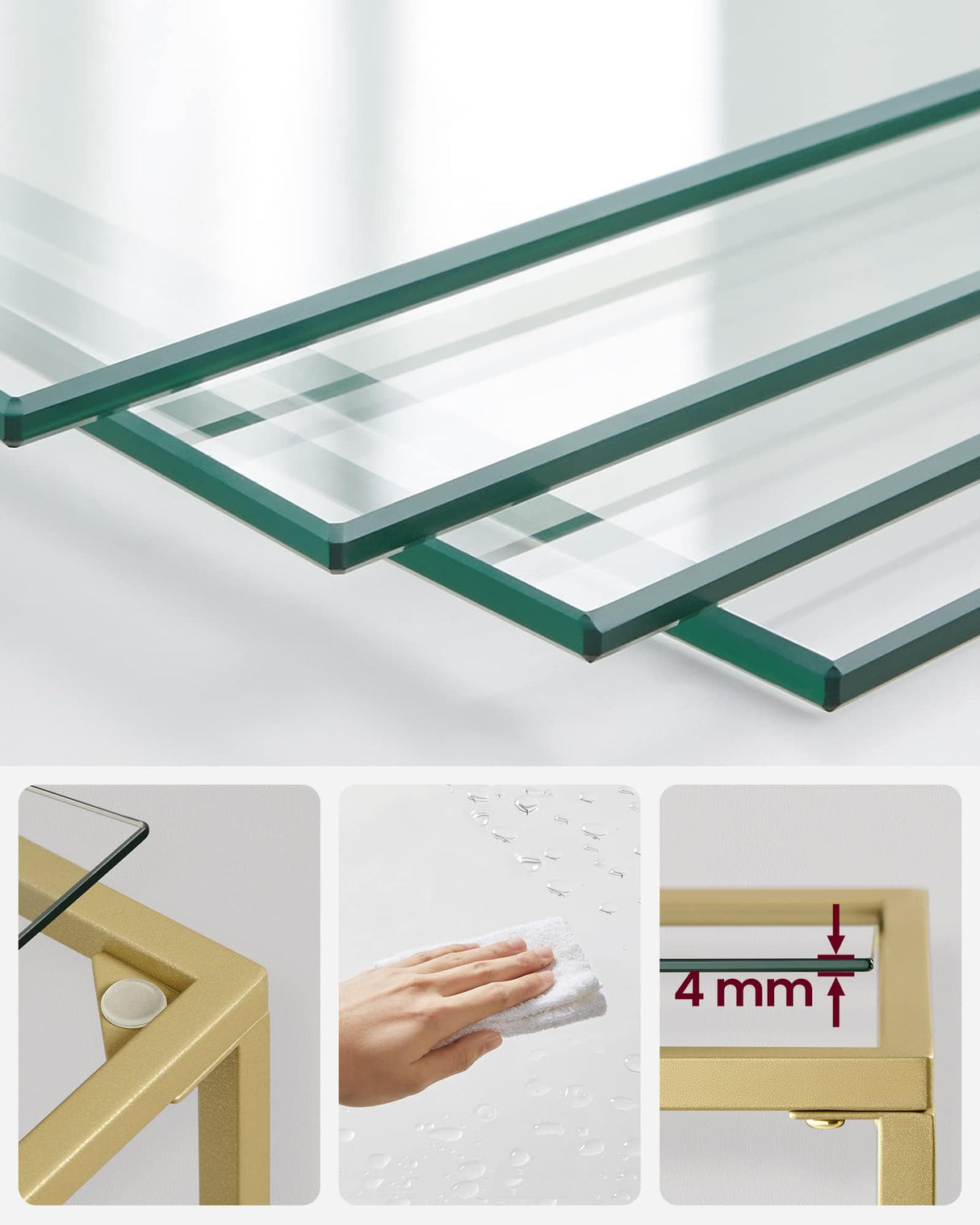 VASAGLE Bookcase, 5-Tier Bookshelf, Slim Shelving Unit for Bedroom, Bathroom, Home Office, Tempered Glass, Steel Frame, Metallic Gold ULGT029A01 VASAGLE