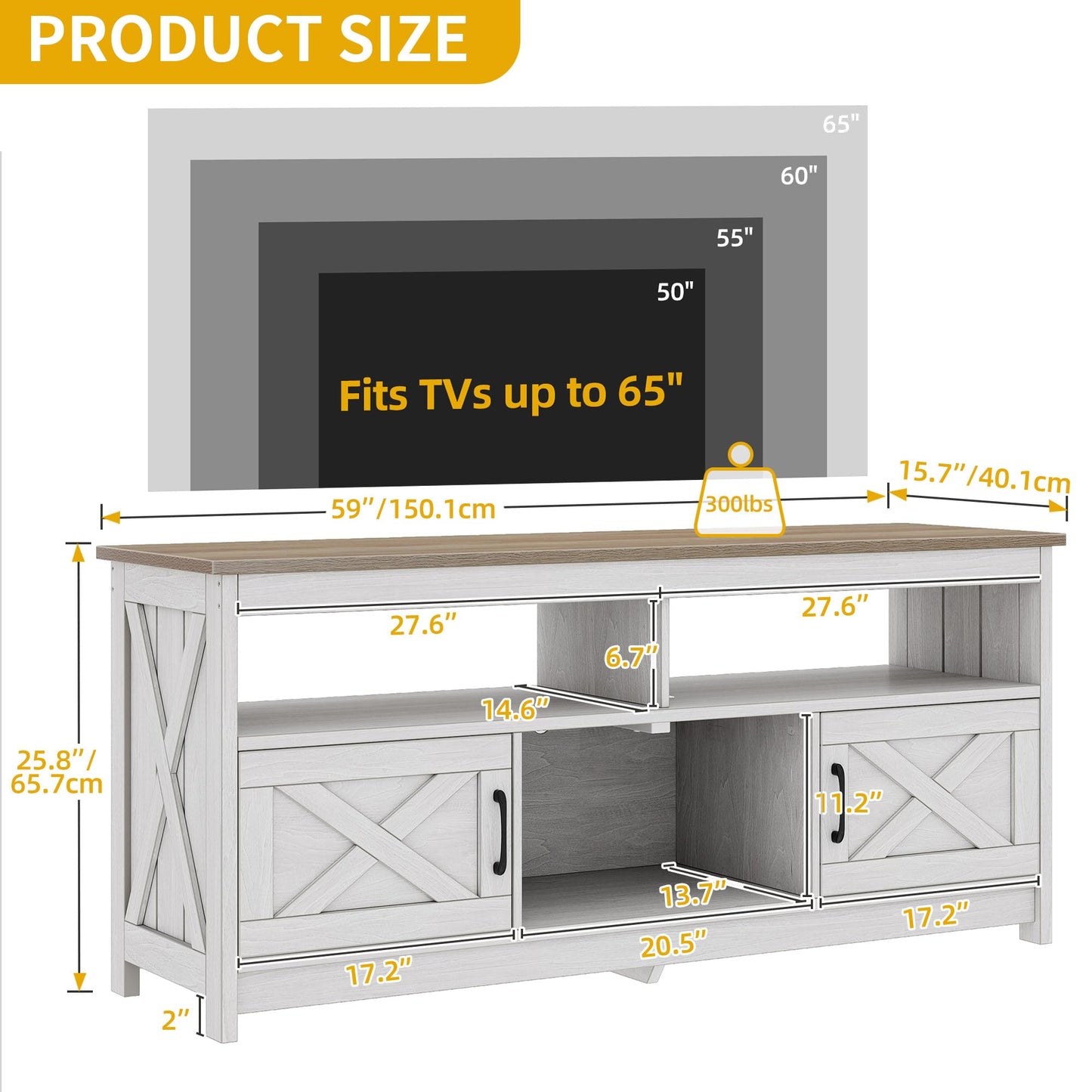 DWVO Farmhouse TV Console, TV Stand with Power Outlets for TVs up to 65 Inch, Entertainment Center Mid Century Modern TV Cabinet, Rustic Media Console Table for Living Room, Grey White/Grey Wash