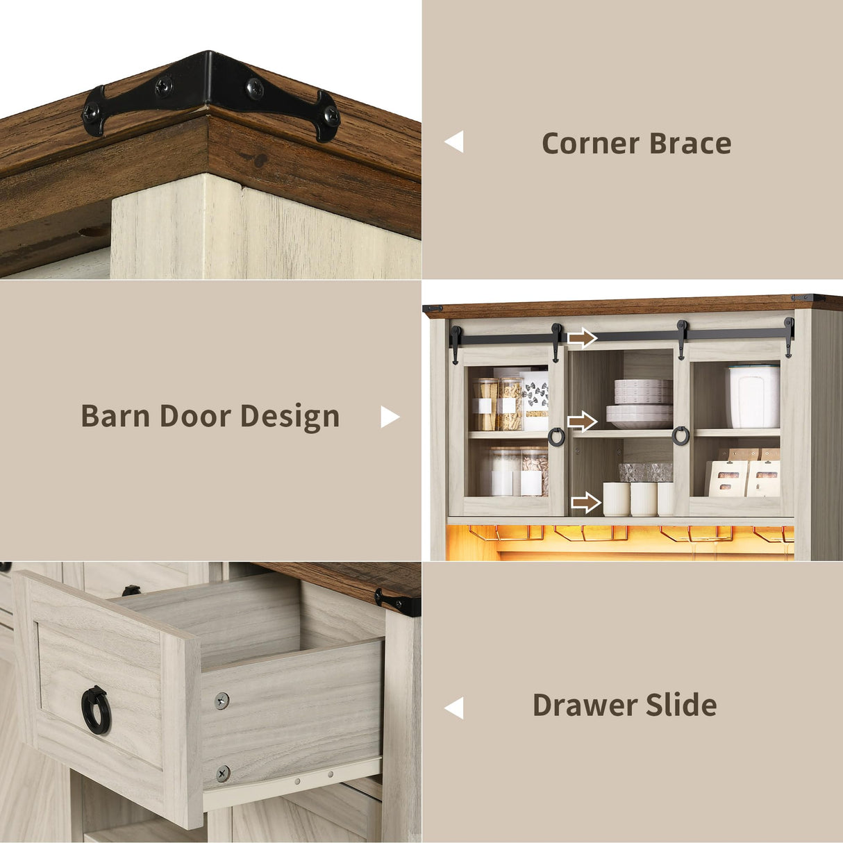 DWVO 72" Farmhouse Bar Cabinet with LED Lights & USB Charging, Wine Glass Holder & 9-Bottle Rack, Coffee Bar Sideboard with Sliding Doors, Off White+Walnut Grain DWVO