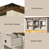 DWVO 72" Farmhouse Bar Cabinet with LED Lights & USB Charging, Wine Glass Holder & 9-Bottle Rack, Coffee Bar Sideboard with Sliding Doors, Off White+Walnut Grain DWVO