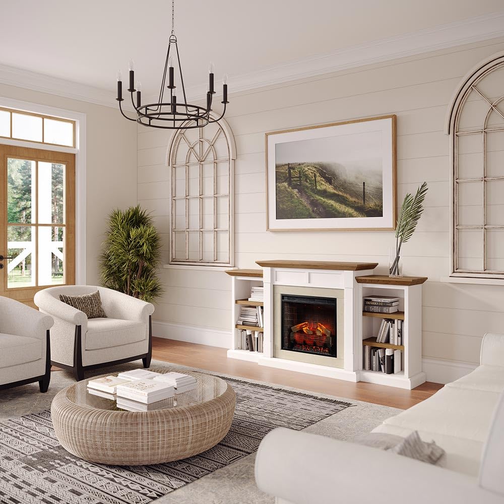 Country Living Belhaven 74 Inch Bookcase Mantel Package | 23 Inch Smart Electric Fireplace Insert Heater w/Remote | Warm Walnut Shelving | Marble or White Trim | Alexa & Google | Multi-Color Flames Country Living