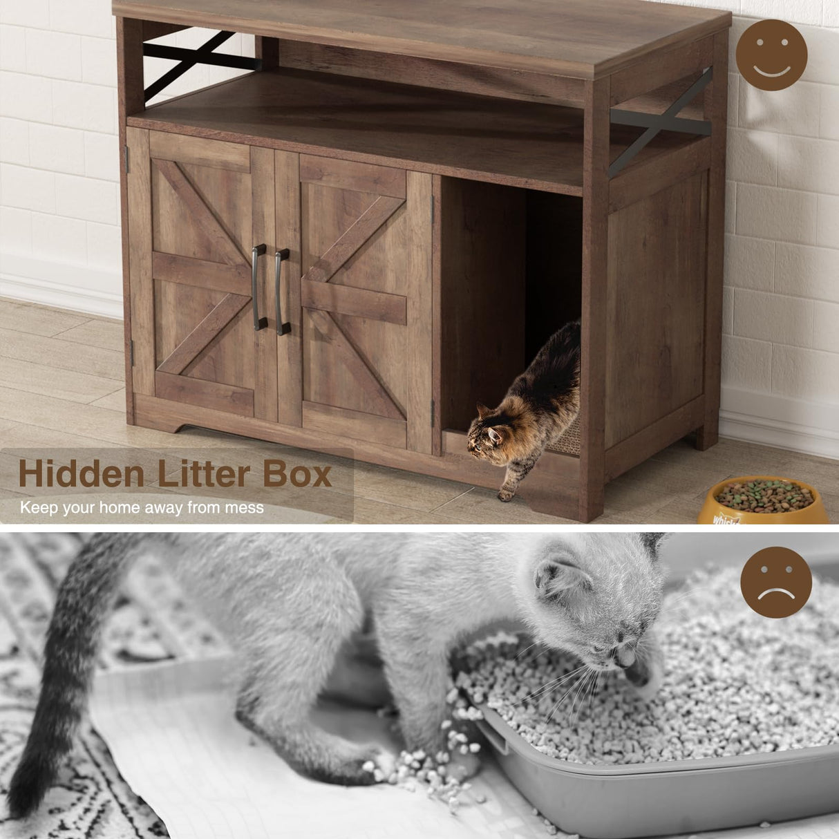 Halitaa Cat Litter Box Enclosure, Hidden Litter Box Furniture with Scratch Pad, Farmhouse Indoor Cat House Washroom End Table, Retro Brown Halitaa