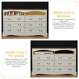 JanflyHome Vintage 6 Dresser for Bedroom, Farmhouse 6 Drawers Dresser with Open Shelves and LED Lights, 55" Wide Wood Rustic Chest of Drawers for Living Room, Hallway, Antique White JanflyHome