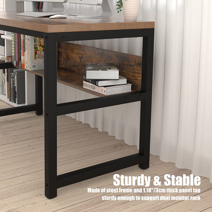 TOPSKY Rustic Brown Computer Desk with Bookshelf and Metal Cable Grommet - 55" Thick & Sturdy Design - WoodArtSupply