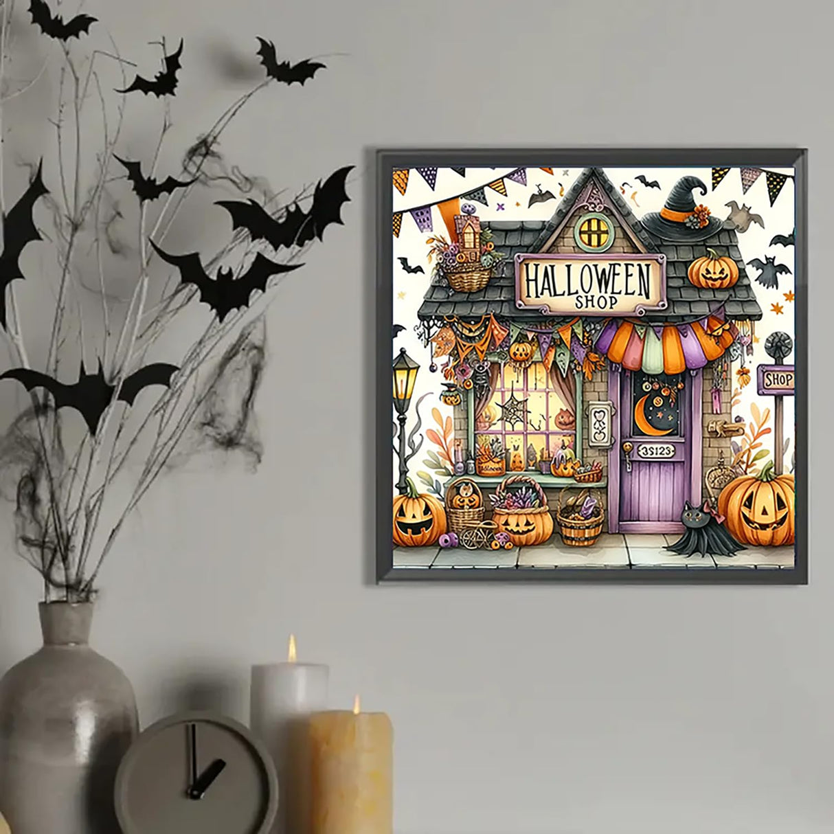 Halloween Pumpkin Bat Shop Diamond Art Kits for Adults, 5D Diamond Painting Kits for Adults Beginners, DIY Full Round Drill Diamond Dot Painting Gem Art Kits for Adult, Home Wall Decor 13.8x13.8 Inch VCLKDIY