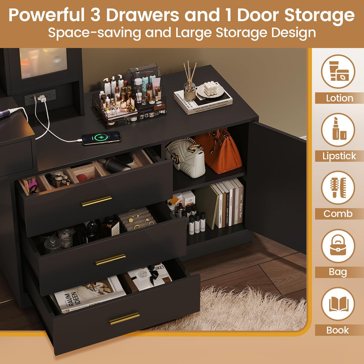 HAUOMS Large Makeup Vanity with Lights Vanity Desk with Mirror, Modern Vanity Table Set with Drawer Dresser, Charging Station & RGB Cabinets, Makeup Desk with 5 Drawers and Storage Shelves, Black HAUOMS