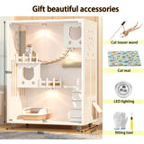 Large Luxury Wood Cat House, Indoor/Outdoor Cat Cage Large Space with Wheels, Multi-Feature Enclosed Cat Condo for Indoor Cats Ventilation Glass Doors, 50" X 36" X 24", White HUATOL
