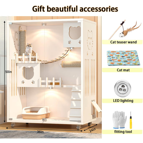 Large Luxury Wood Cat House, Indoor/Outdoor Cat Cage Large Space with Wheels, Multi-Feature Enclosed Cat Condo for Indoor Cats Ventilation Glass Doors, 50" X 36" X 24", White HUATOL