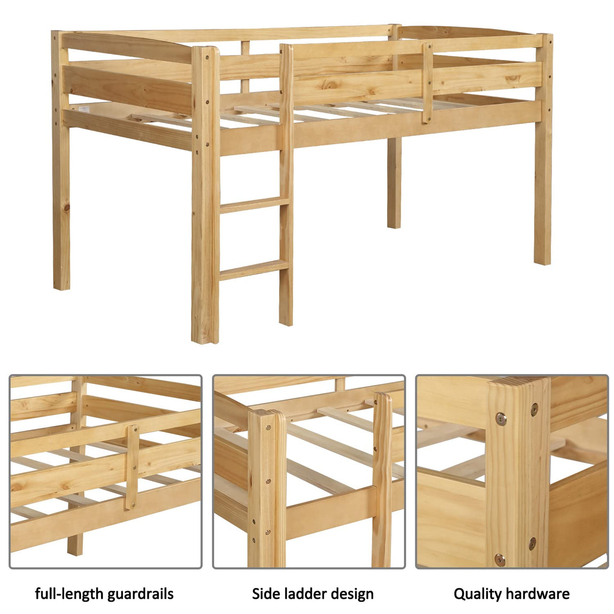 Harper & Bright Designs Twin Size Low Loft Bed with Ladder and Safety Guardrails in Natural Wood Harper & Bright Designs