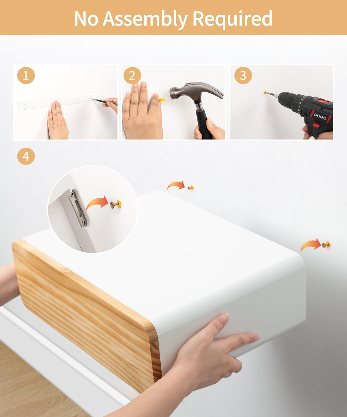 SUMGAR Floating Nightstand White with Drawers Modern Bedside Table Organiser Fully Assembled Shelf Small Spaces Wall Mounted Storage Wood Furniture for Bedroom Home Decor SUMGAR