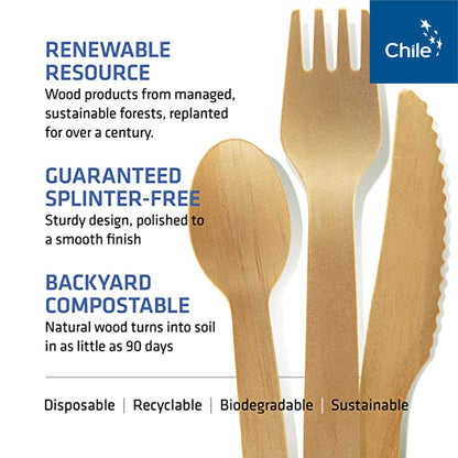 Disposable Wooden Cutlery Set - 100% Home Compostable - 100 Mix - (40 Forks, 40 Spoons and 20 Knives) 6.5", Bamboo Utensils Alternative, Eco-Friendly, Organic, Sustainable and Carbon Neutral Certified