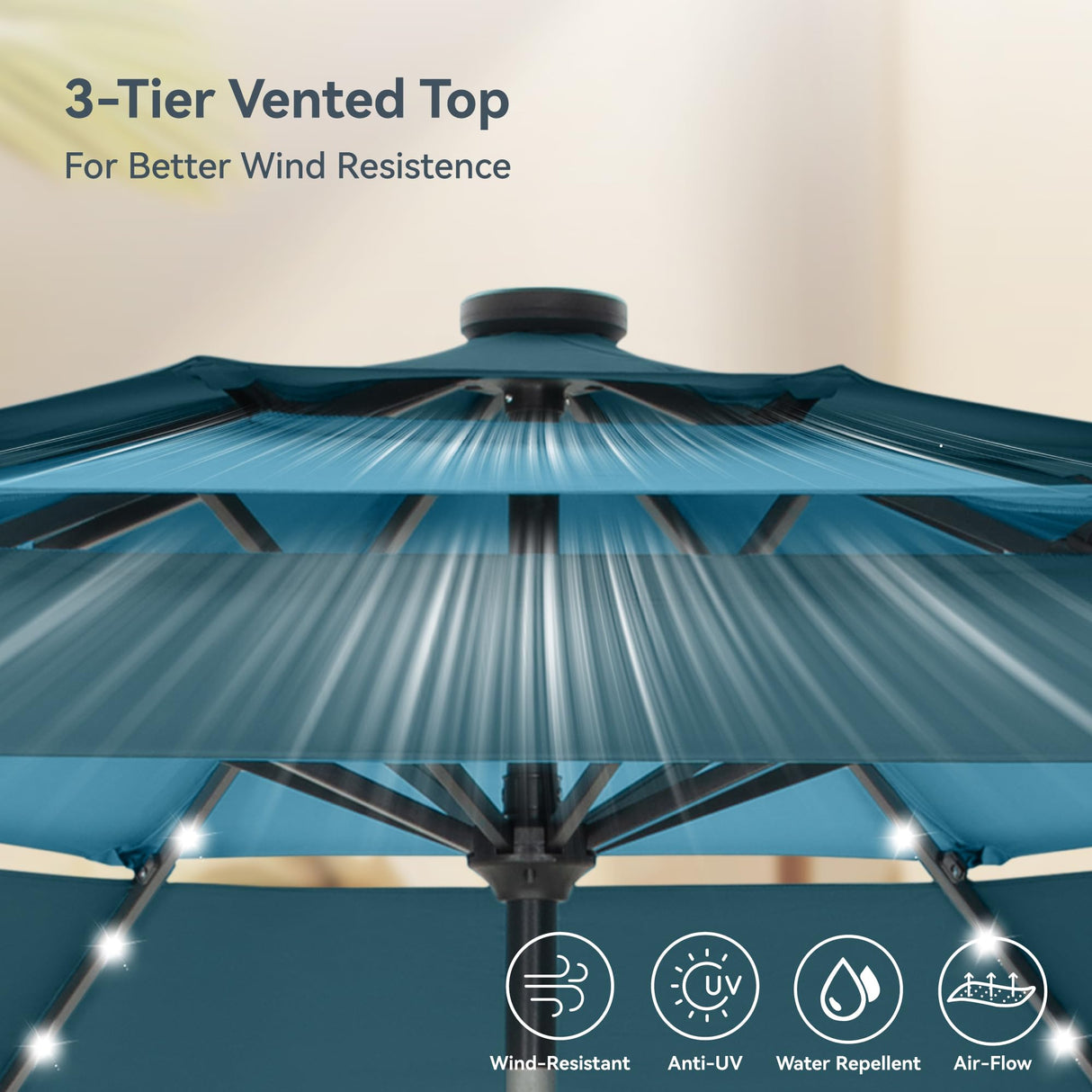 PHI VILLA 10ft Patio Umbrella with Solar Lights, Outdoor 3 Tier Vented Large Market Table Umbrella with 8 Sturdy Ribs and 1.5" Umbrellla Pole for Lawn Poolside Garden Terrace, Peacock Blue & Cerulean PHI VILLA