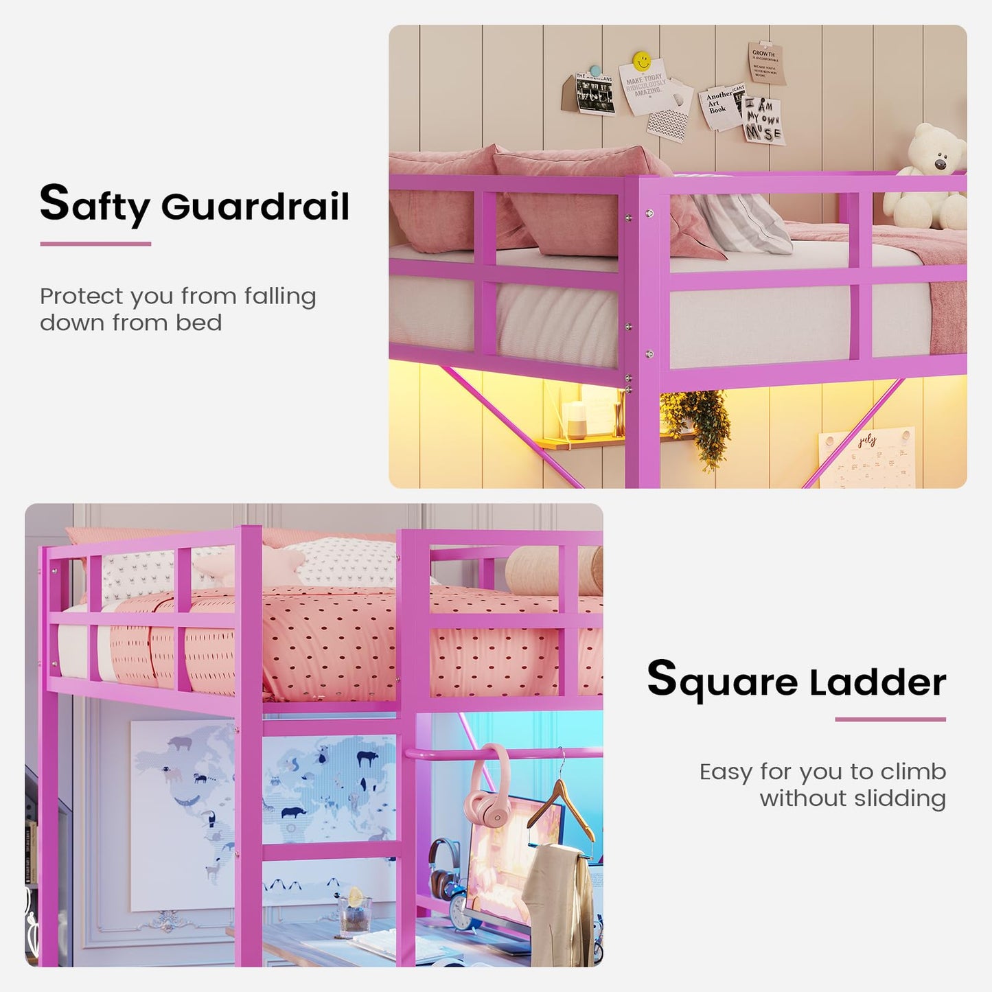 Hasuit Twin Metal Loft Bed with LED Lights, Loft Bed Twin Size with Full-Length Guardrail &Clothes Rack, Heavy Duty Loft Bed Twin Frame, Space-Saving, Noise Free, No Box Spring Needed, Pink