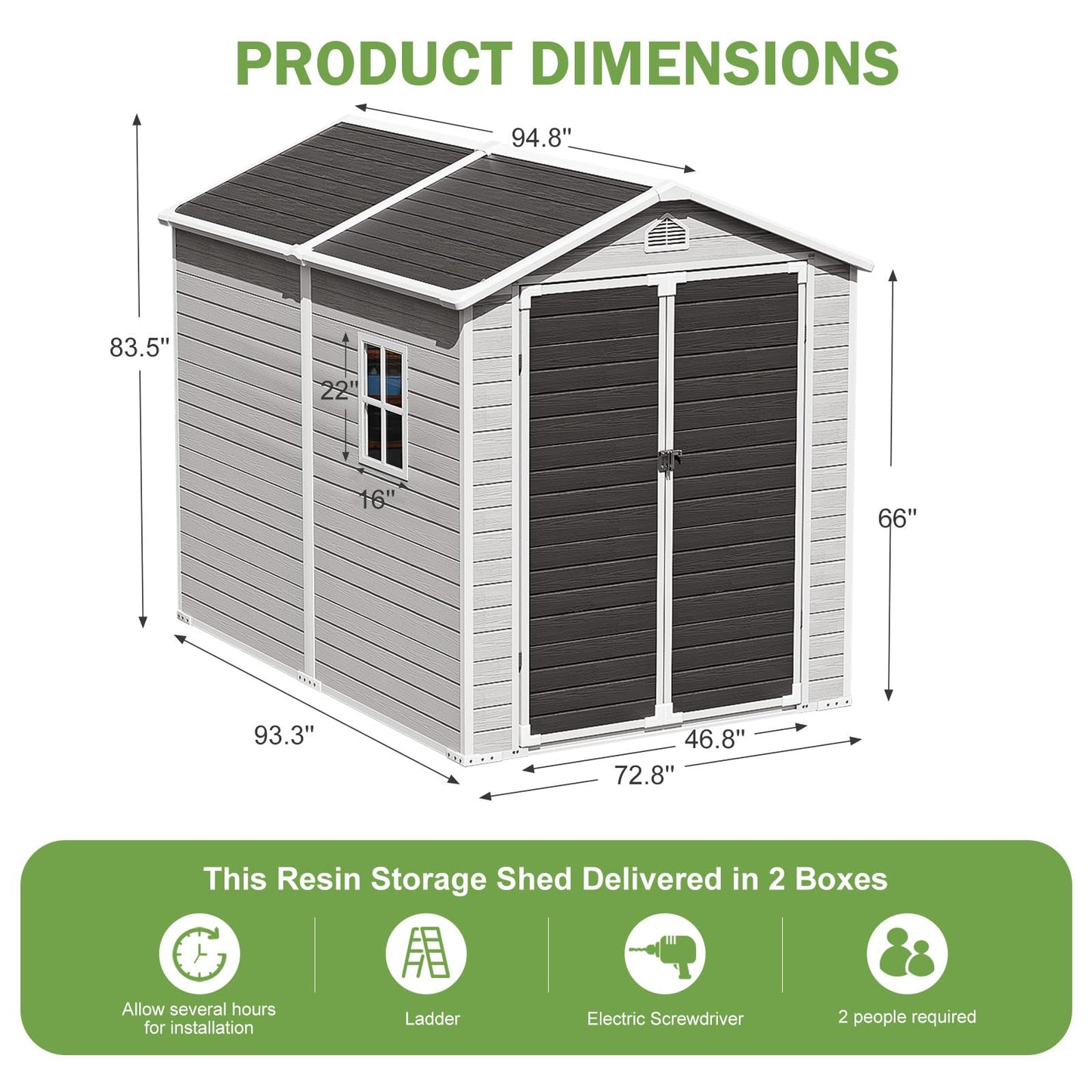 SELLERWE 8x6 FT Outdoor Storage Shed, Waterproof Thicker Resin Shed with Floor & Lockable Door & Window & Vents, Plastic Tool Shed for Backyard, Patio, Poolside, Lawn, All Weather Use, Dove G - WoodArtSupply