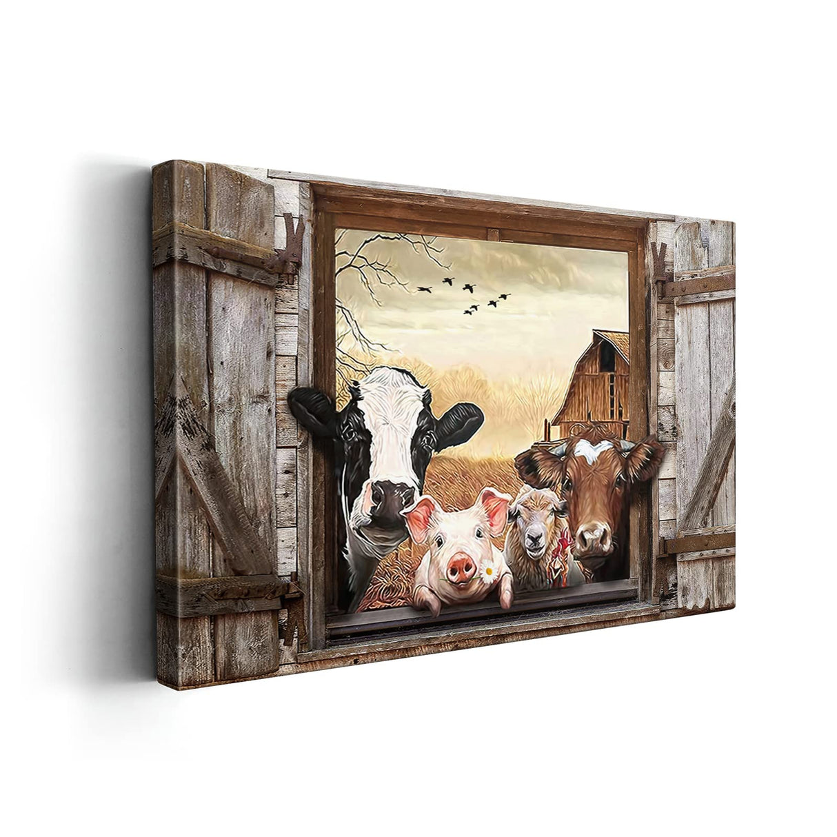 Kasluolo Farmhouse Animals Cow in Fake Window Wall Art Farmhouse Animals Landscape Picture Country Painting Wall Décor for Bathroom Bedroom Office Framed Artwork 12x16 inch Kasluolo