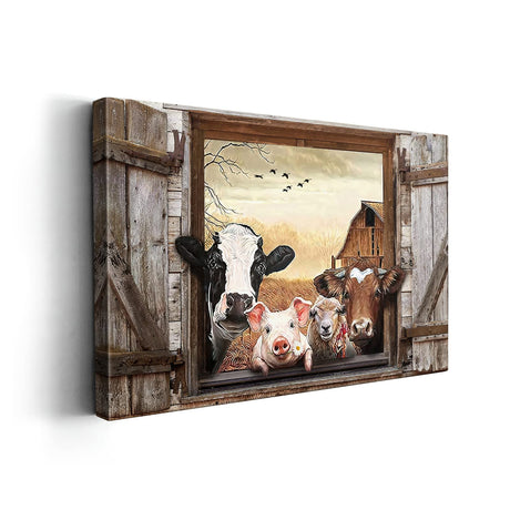 Kasluolo Farmhouse Animals Cow in Fake Window Wall Art Farmhouse Animals Landscape Picture Country Painting Wall Décor for Bathroom Bedroom Office Framed Artwork 12x16 inch Kasluolo